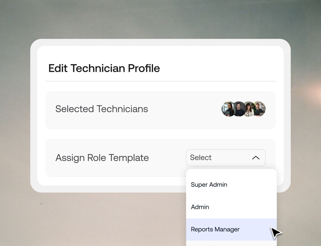 Dropdown menu showcasing reusable technician profile templates for standardized and rapid admin deployment.