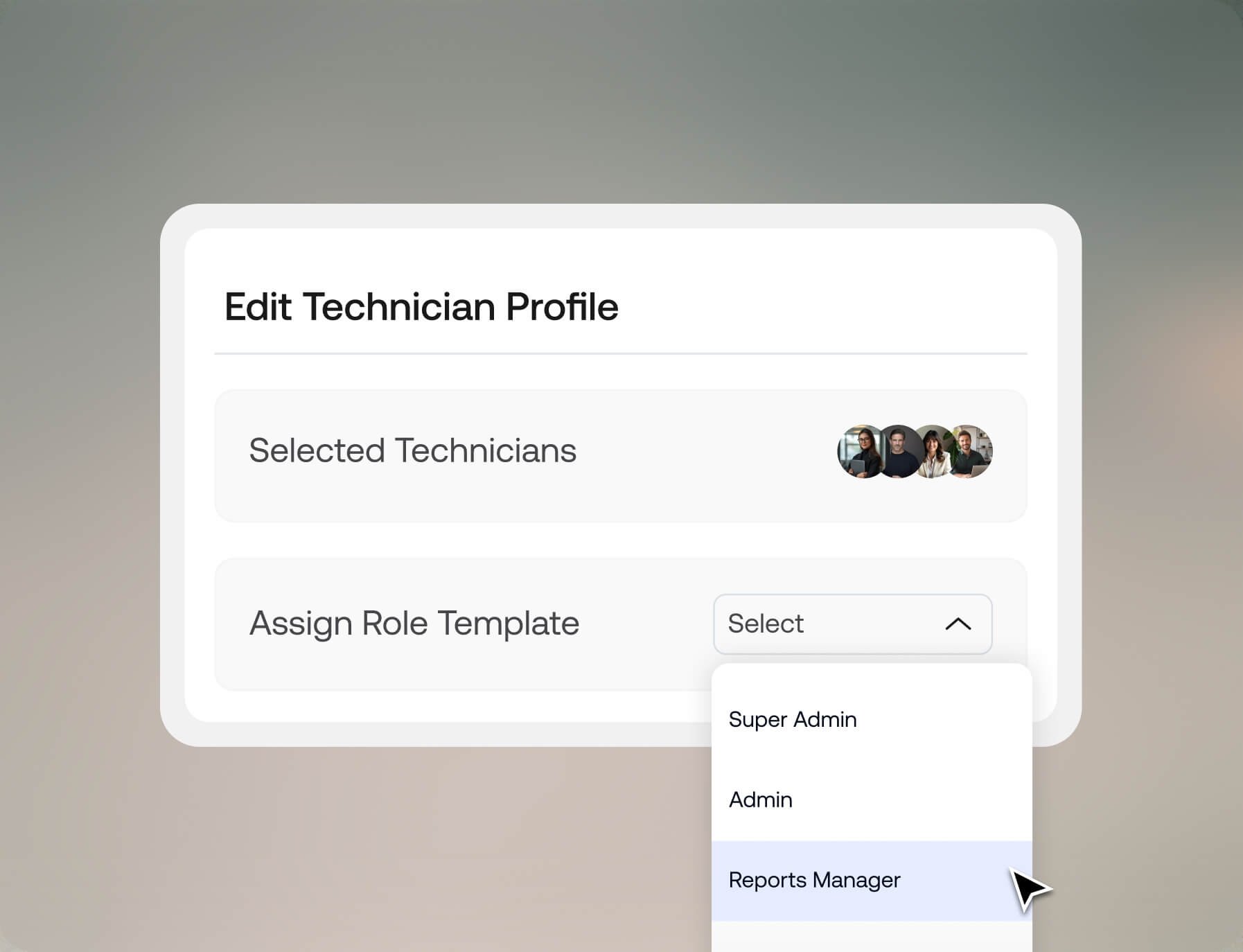 Dropdown menu showcasing reusable technician profile templates for standardized and rapid admin deployment.