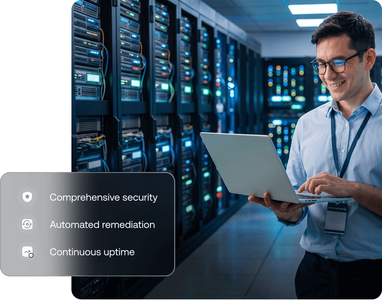 IT professional using a laptop in a data center, displayed next to the Hexnode server management console.