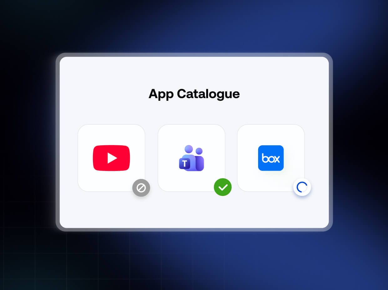 App catalogue showing managed apps like YouTube, Teams, and Box with install status in UEM