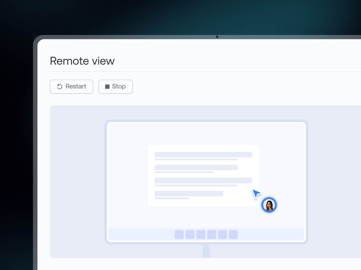Remote view screen for device troubleshooting with restart and stop controls in UEM