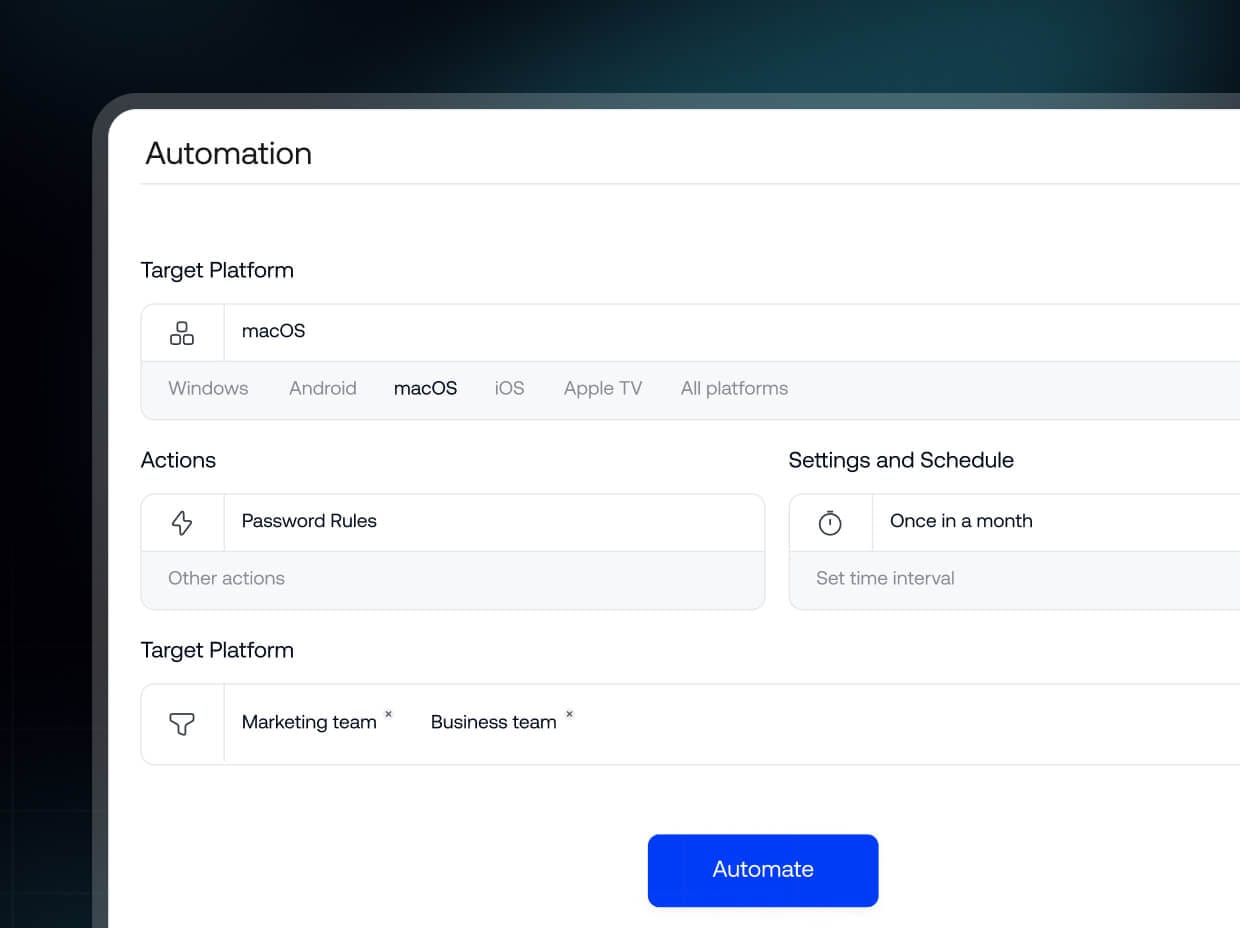 Automation policy setup for macOS with scheduled actions and team-based targeting in UEM