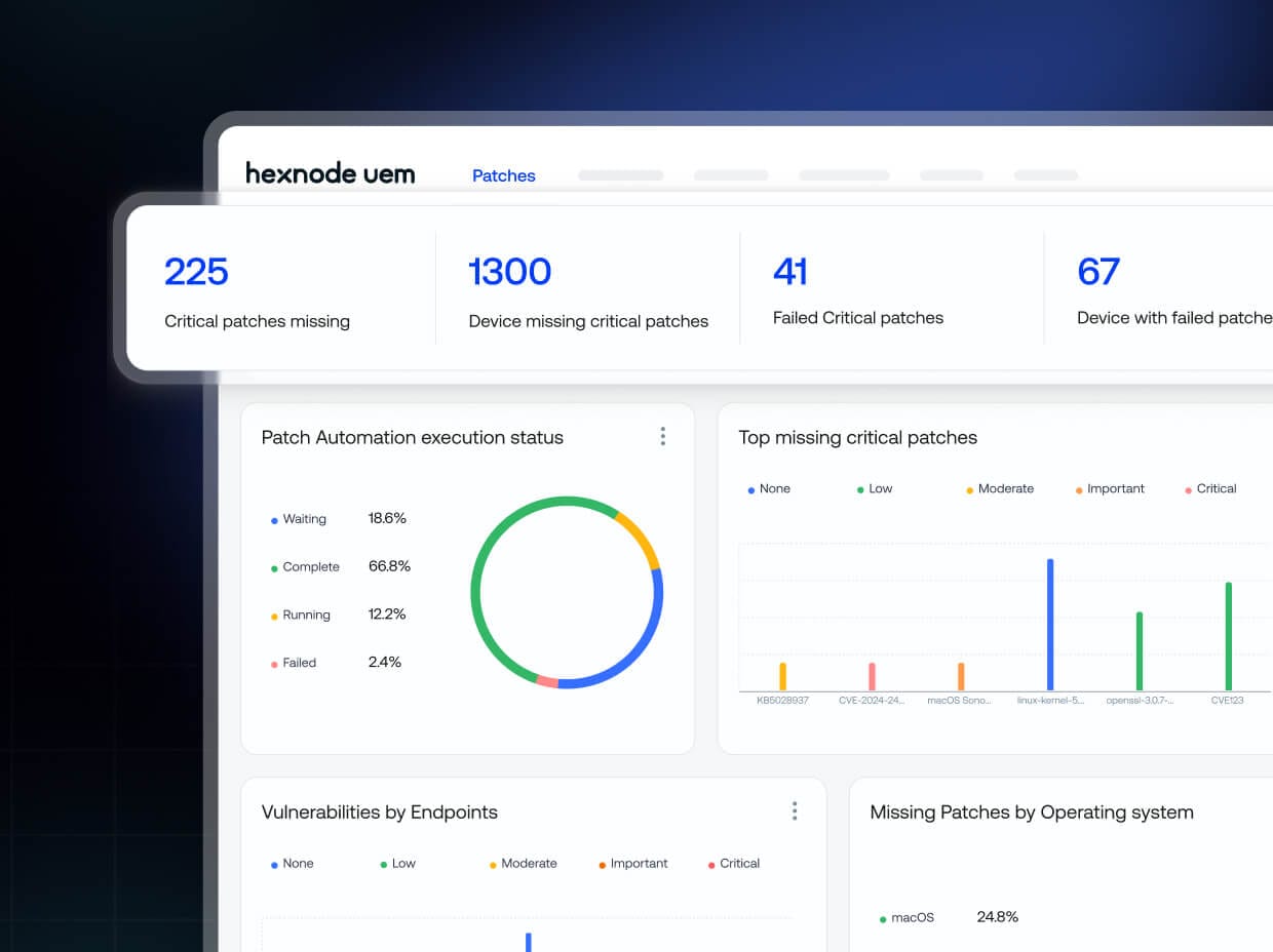 Patch management dashboard showing missing, failed, and pending critical updates across devices in UEM