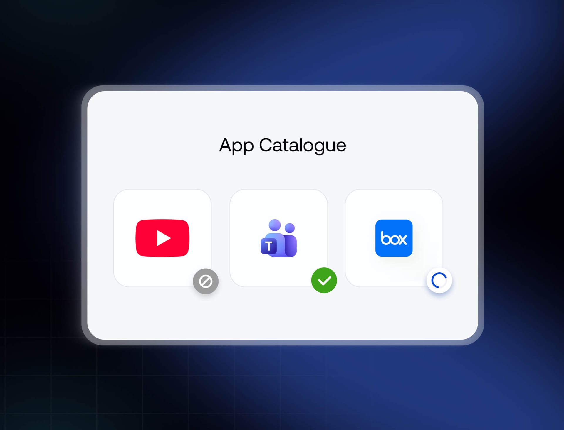 App catalogue showing managed apps like YouTube, Teams, and Box with install status in UEM