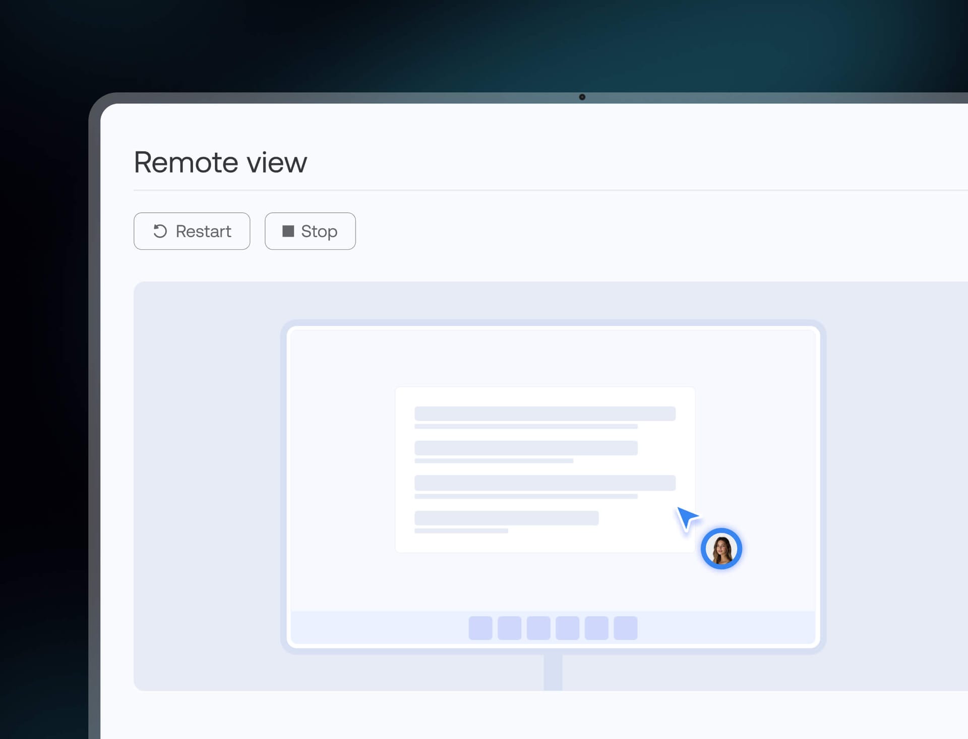Remote view screen for device troubleshooting with restart and stop controls in UEM