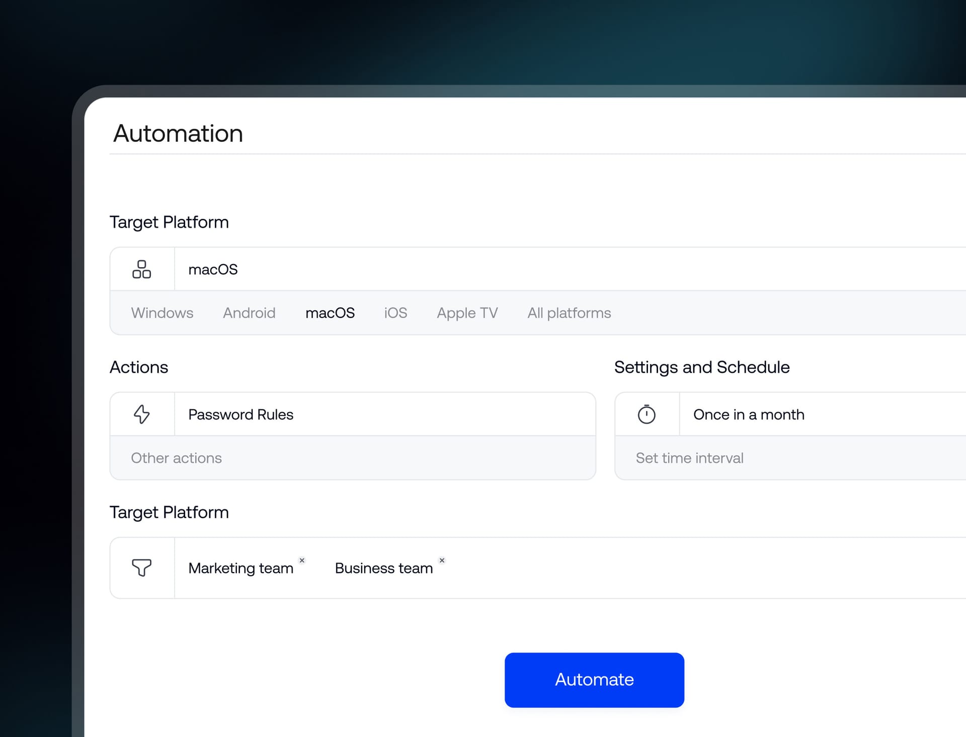 Automation policy setup for macOS with scheduled actions and team-based targeting in UEM