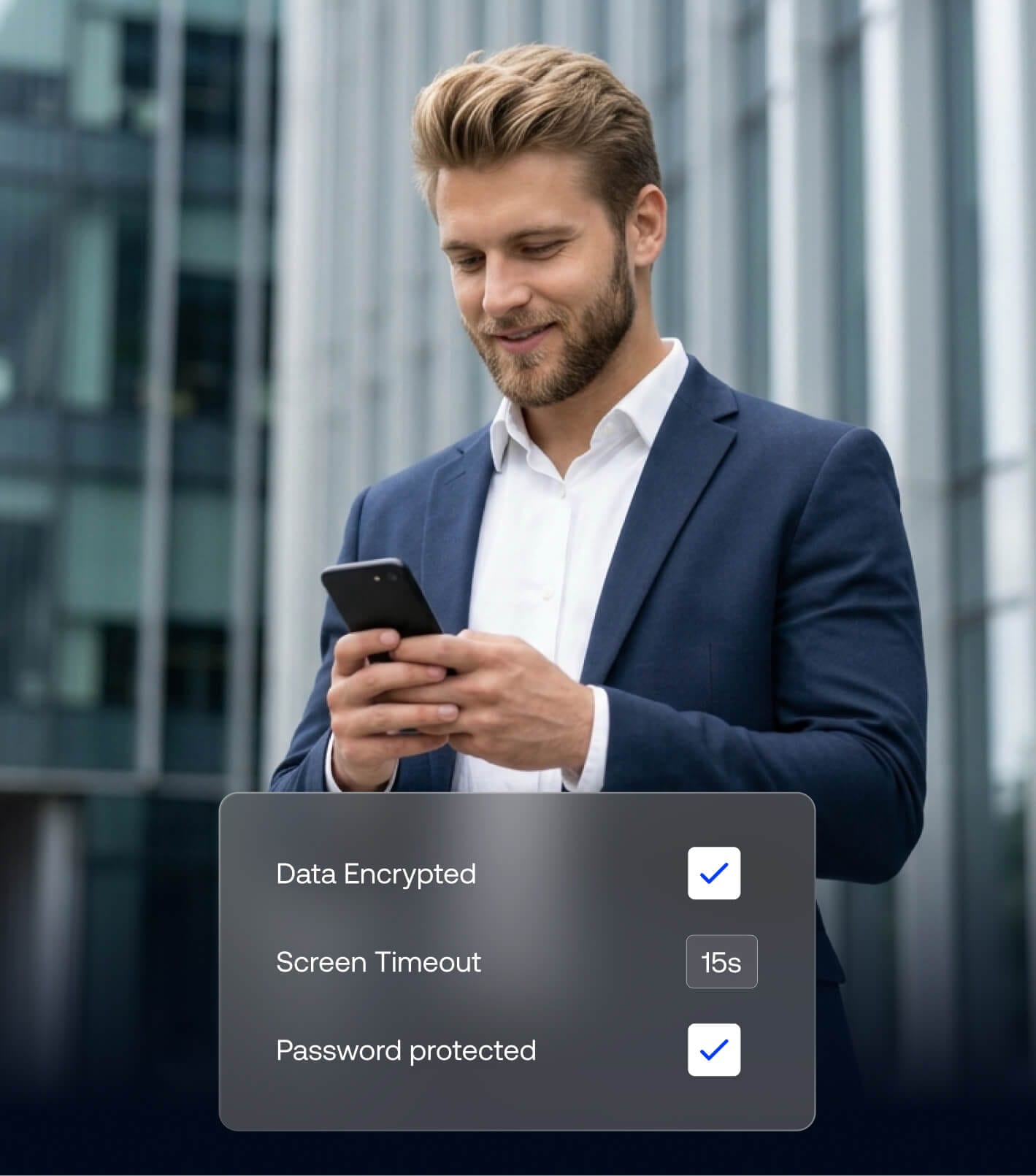 Device security controls with encryption, password protection, and screen timeout enforced via UEM
