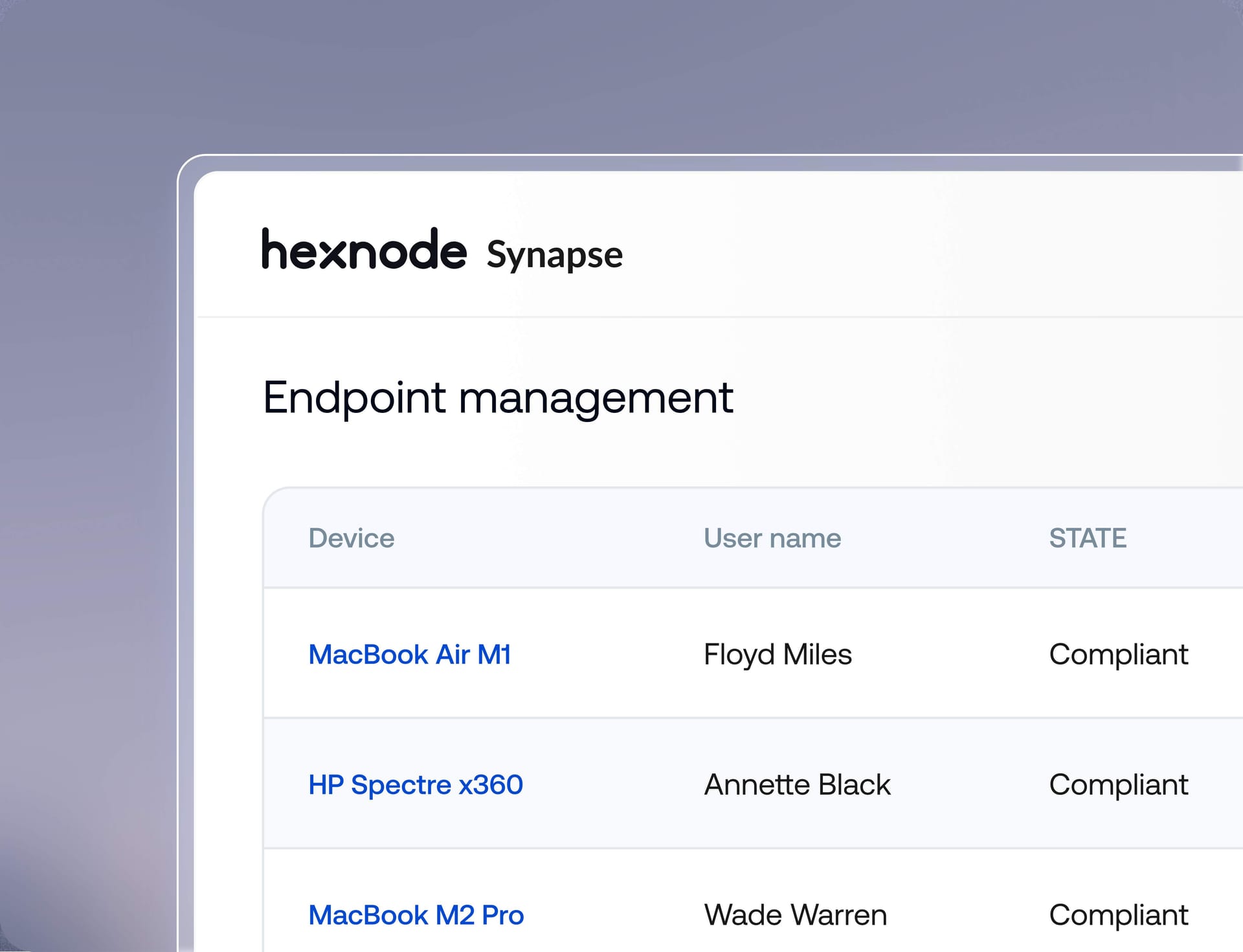 Hexnode Synapse endpoint management interface displaying devices, platforms, ownership, and compliance status.