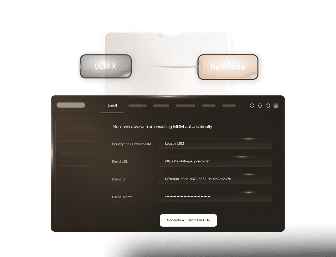Hexnode Gateway interface illustrating the migration process for macOS devices from legacy UEM solutions.