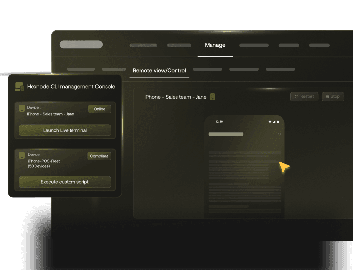 Hexnode management console showing real-time remote monitoring and troubleshooting capabilities.