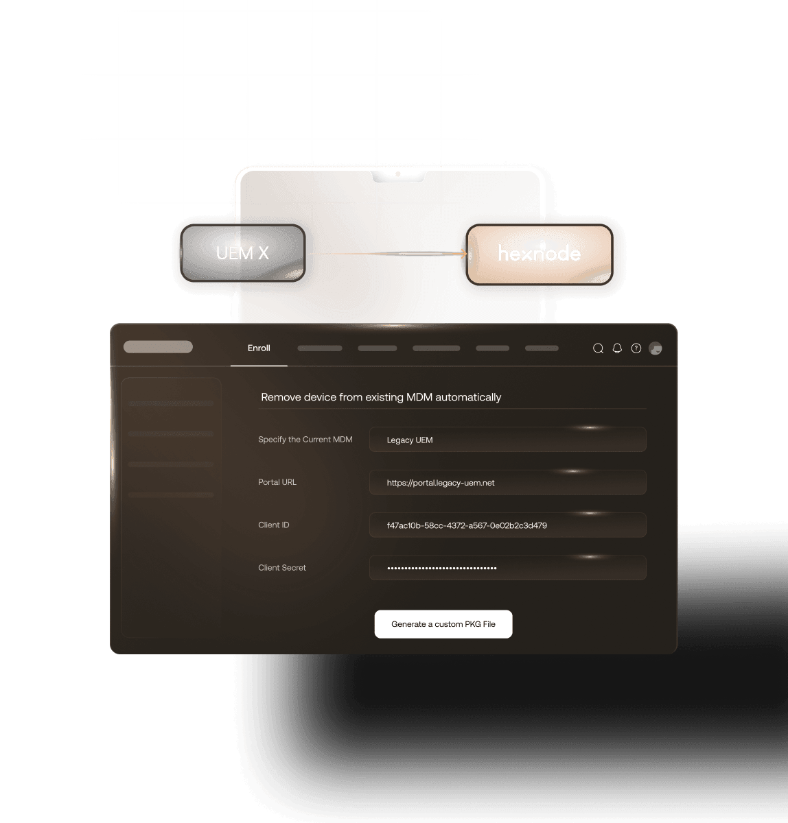Hexnode Gateway interface illustrating the migration process for macOS devices from legacy UEM solutions.