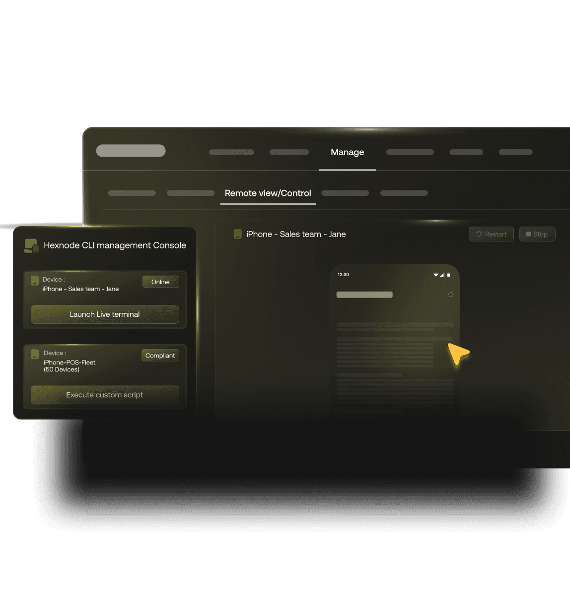 Hexnode management console showing real-time remote monitoring and troubleshooting capabilities.