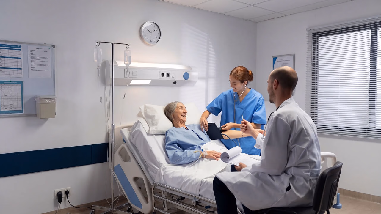 Healthcare professionals and a patient in a hospital room utilizing secure medical endpoint devices.