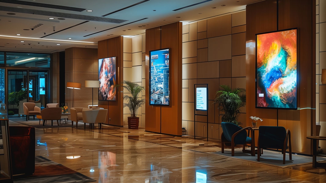 Modern hotel lobby featuring large, managed digital signage screens for guest experience.