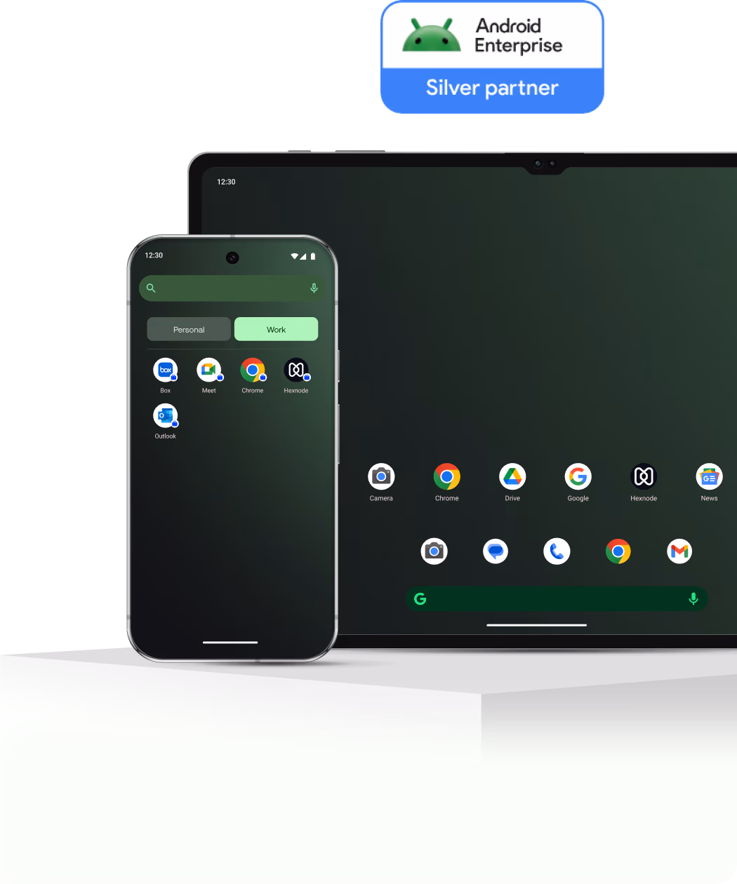 Android smartphone and tablet illustrating a holistic endpoint management platform for an entire Android fleet.