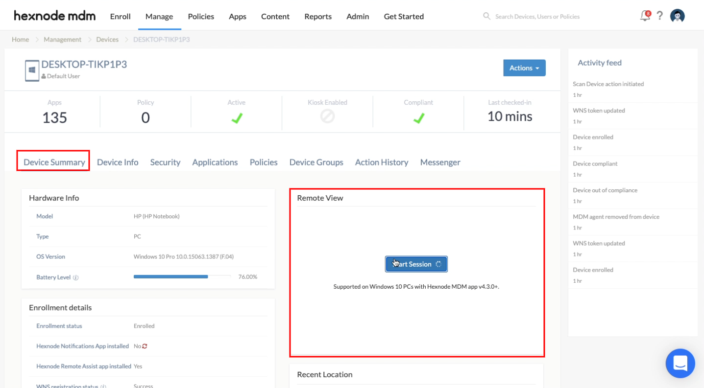 Remotely viewing devices from the Hexnode UEM console
