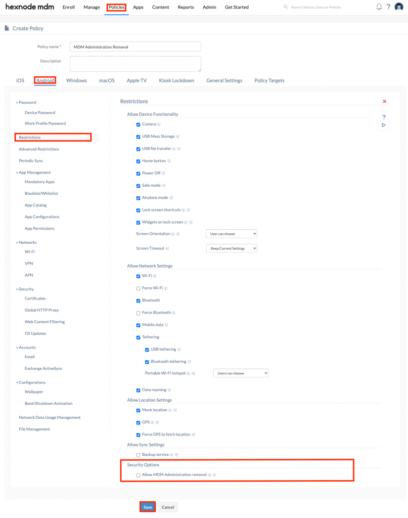 Block MDM app removal restriction