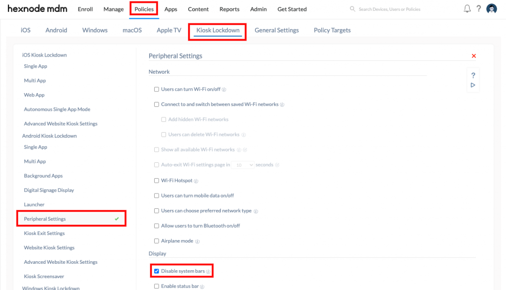 Disabling system bars from peripheral settings