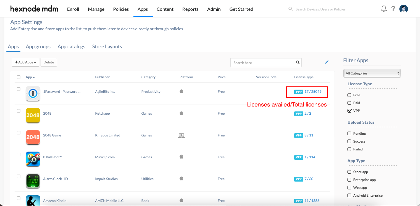 Find the list of available VPP apps under the Apps page of your Hexnode UEM console.