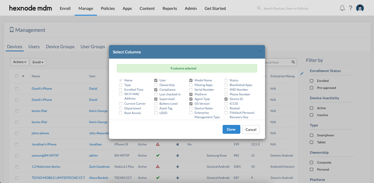 select the column attribute to show on the list from the window that opens