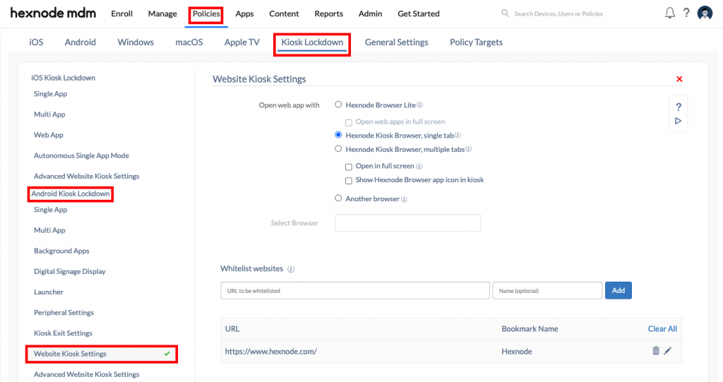 Configuring Hexnode Kiosk Browser