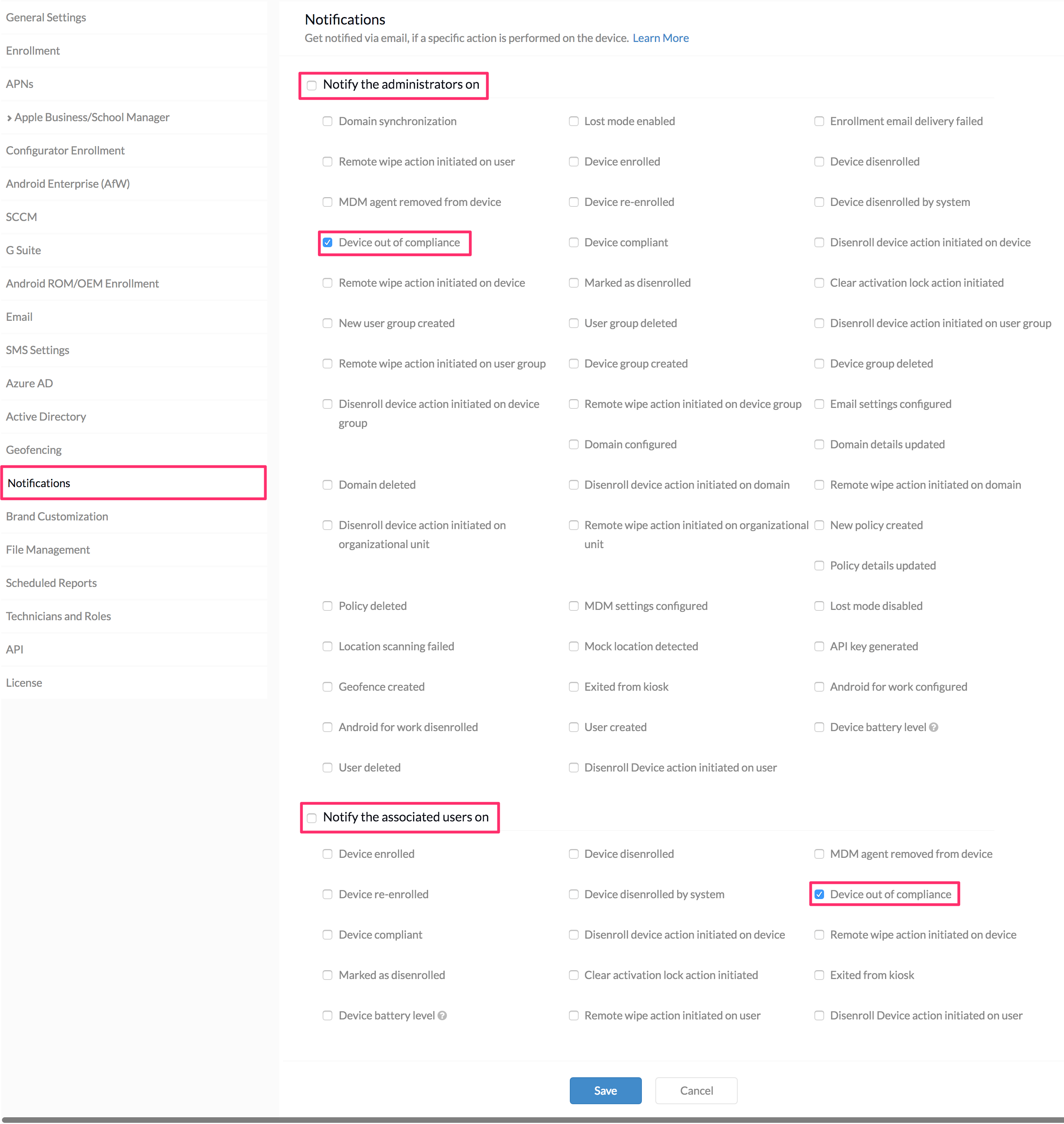 notify administrators when device is out of compliance set up email notifications for administrators when device is out of compliance