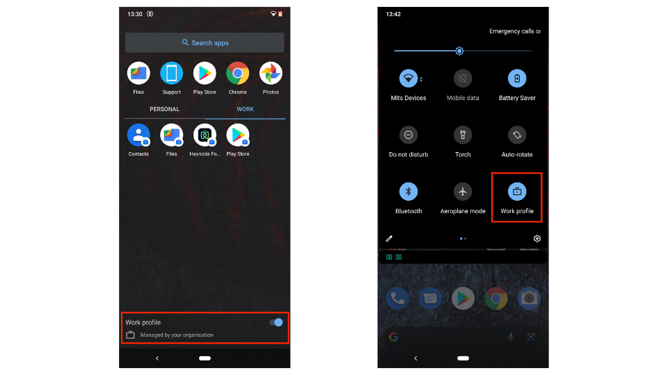 toggle the work profile on/off in Android