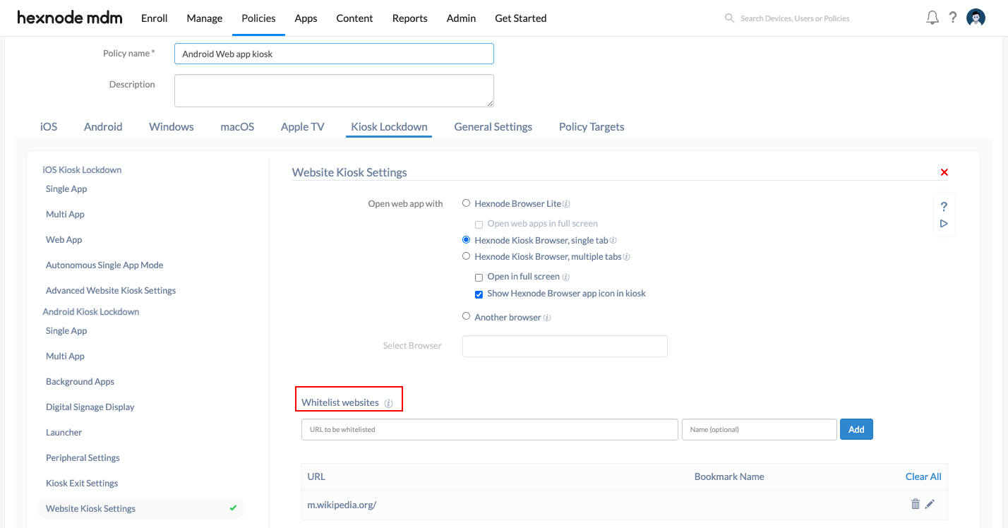 Android web apps kiosk policy – whitelist URLs 