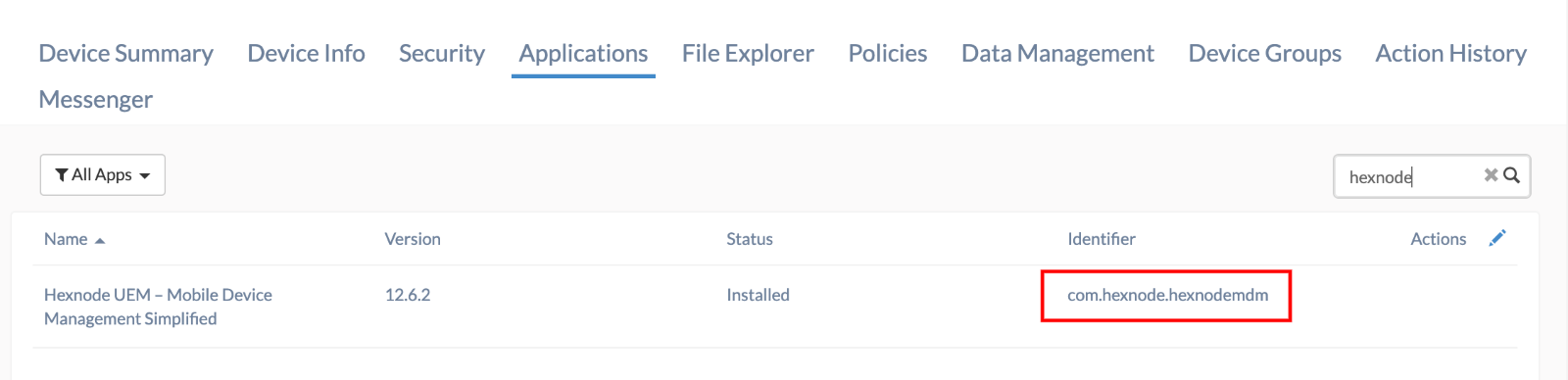 Hexnode app identifier from MDM