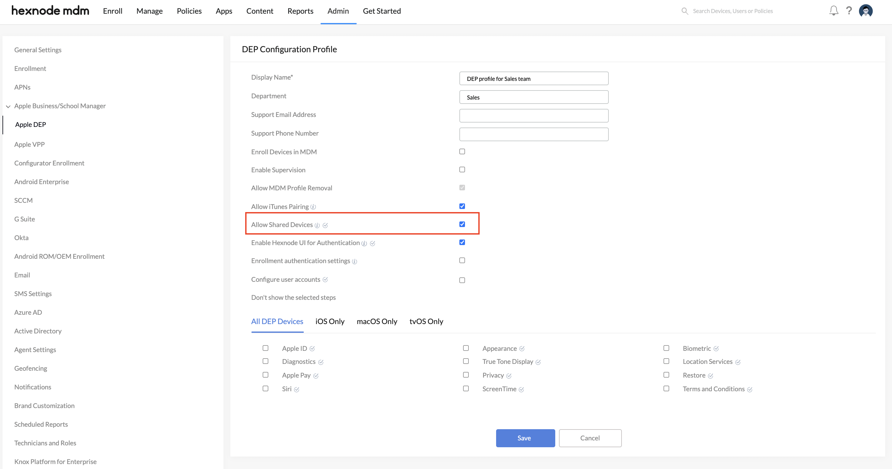 enable allow shared devices option in configuration profile