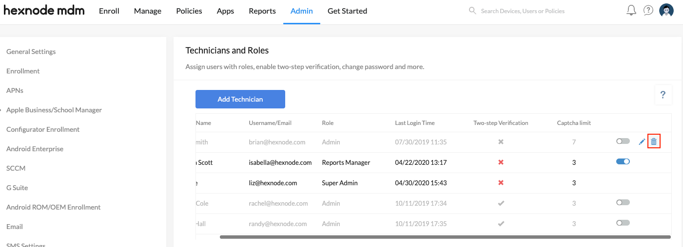 How to delete an admin account in Hexnode