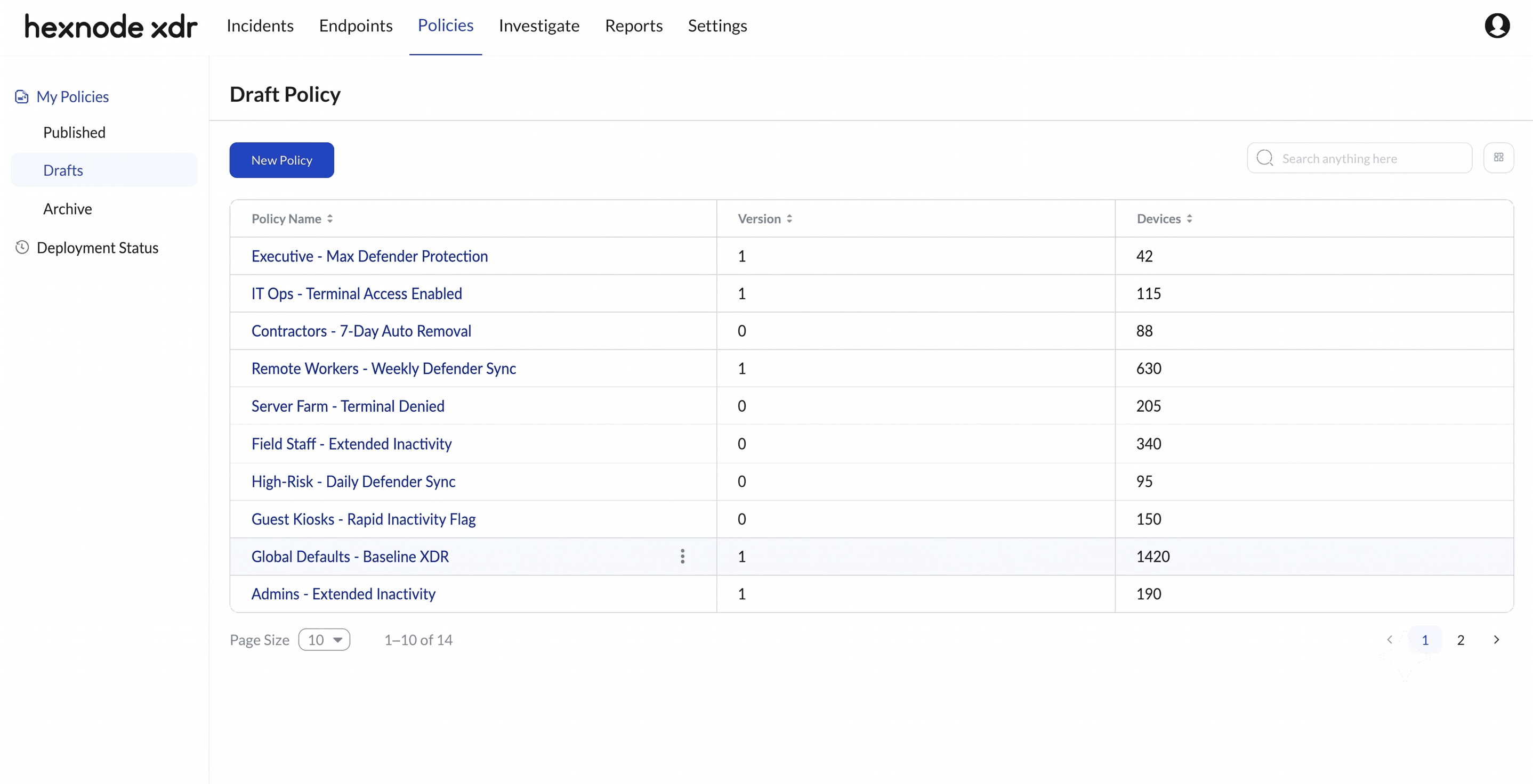Hexnode XDR Draft policies sub tab overview under My Policies Screenshot of Hexnode XDR console showing the Policies tab located between 'Endpoints' and 'Investigate'. Under the My Policies sub-tab, the Drafts section is active, displaying a list of all unpublished Hexnode XDR policy drafts
