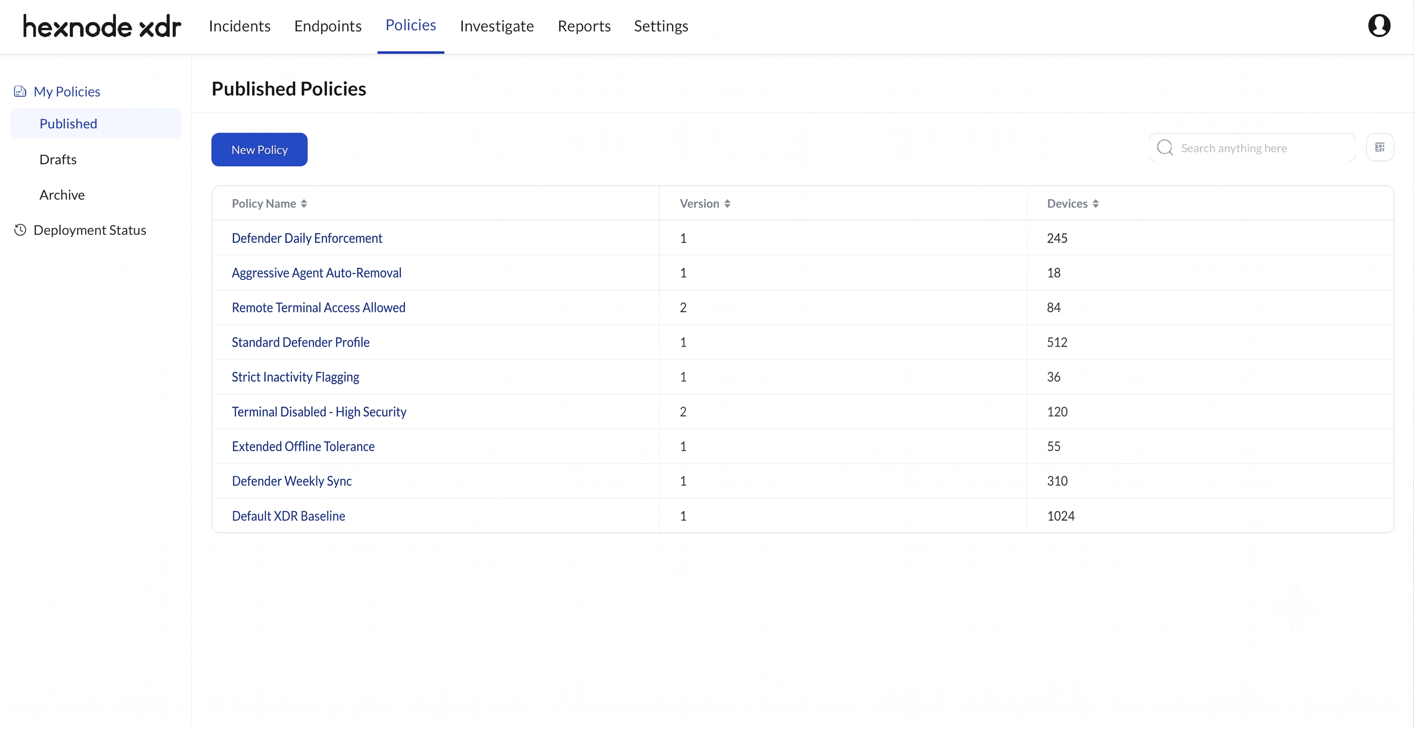 Hexnode XDR Published policies sub tab overview under My Policies Screenshot of Hexnode XDR console showing the Policies tab located between 'Endpoints' and 'Investigate'. Under the My Policies sub-tab, the Published section is active, displaying a comprehensive list of all published Hexnode XDR security policies