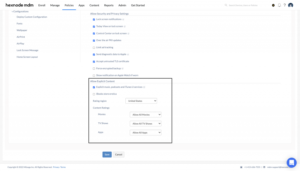 Explicit content restrictions for iOS devices in the Hexnode portal