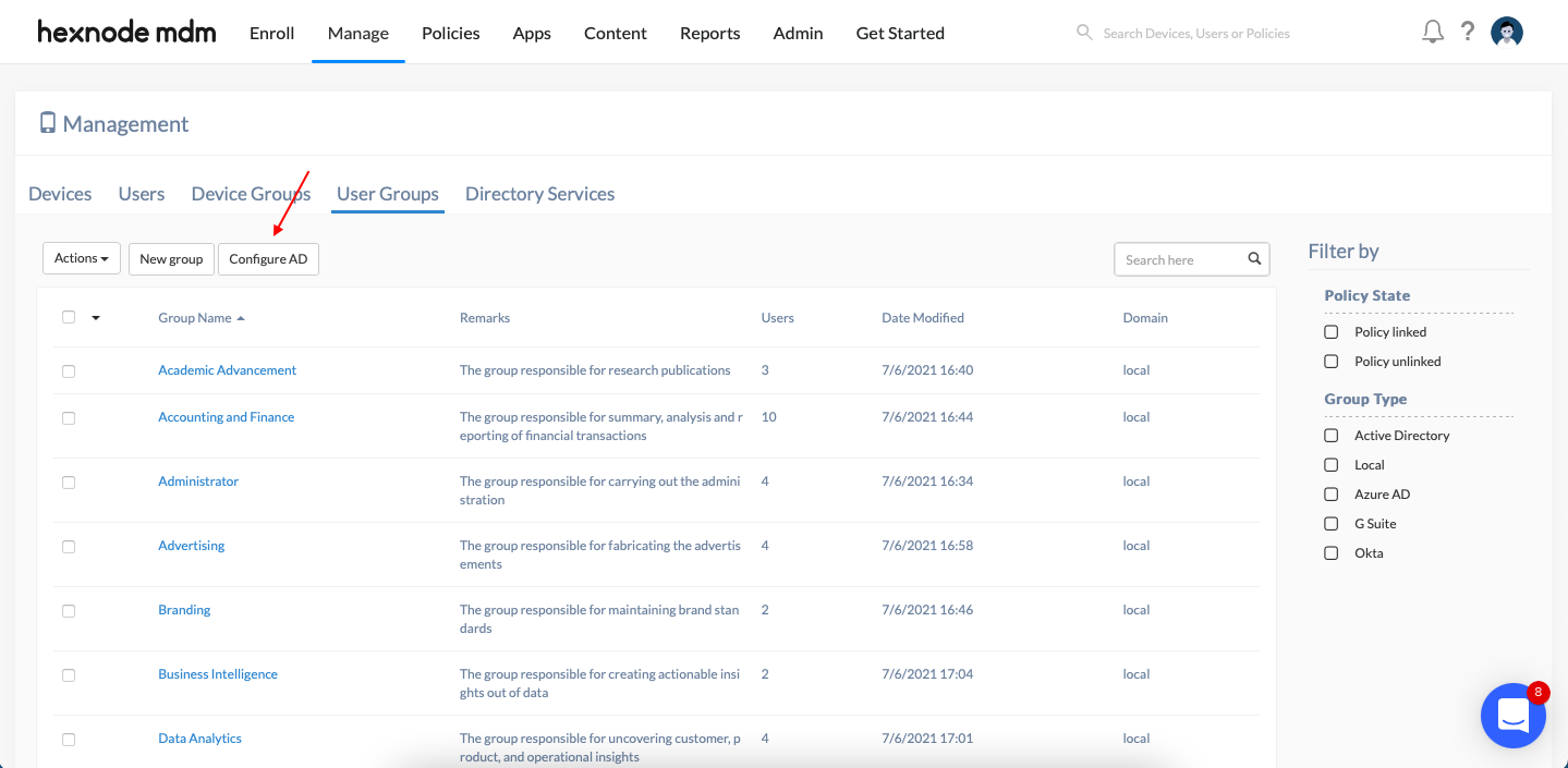 Click on Configure AD to add AD user groups