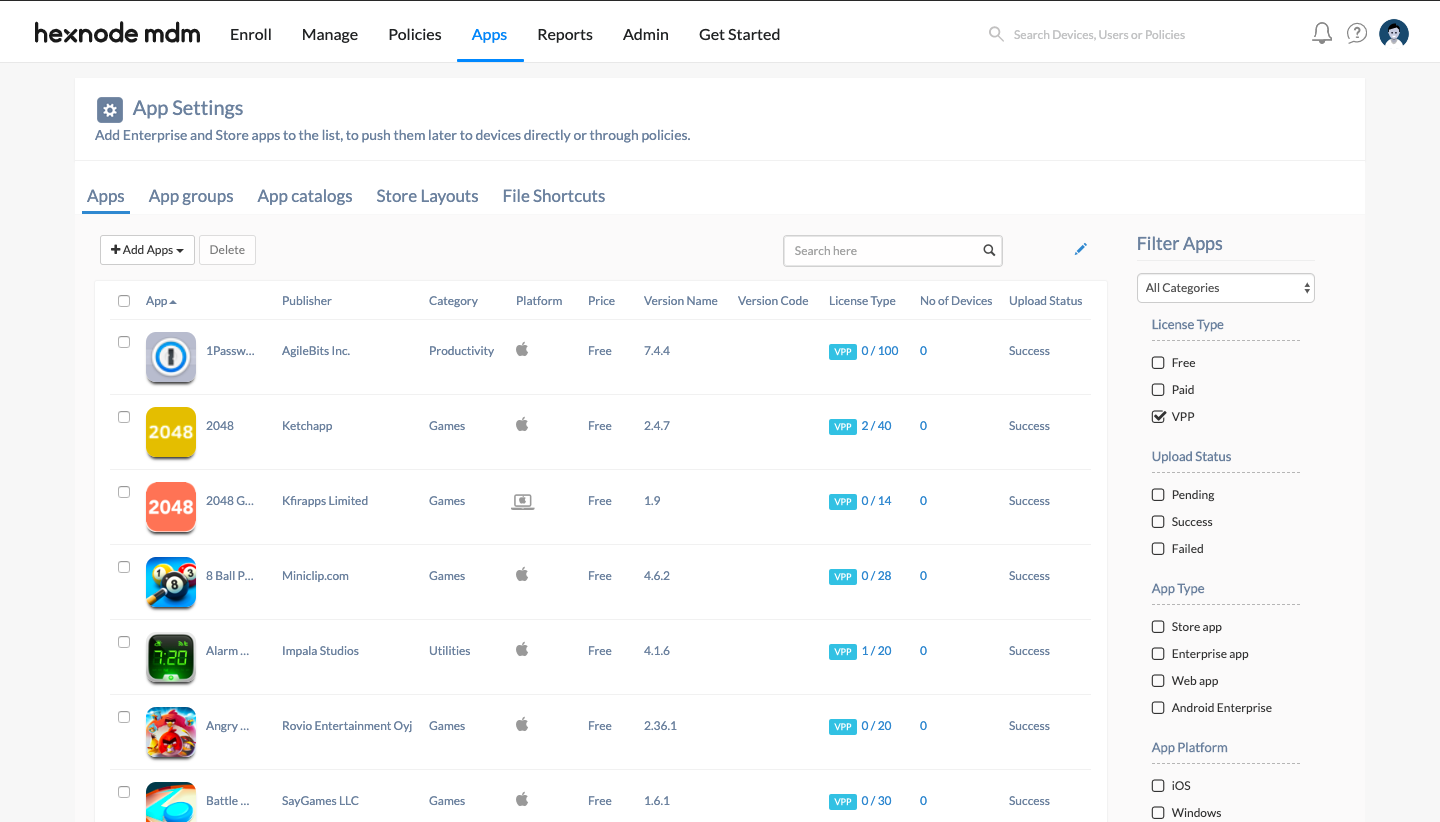 Purchased apps located at the synced VPP account