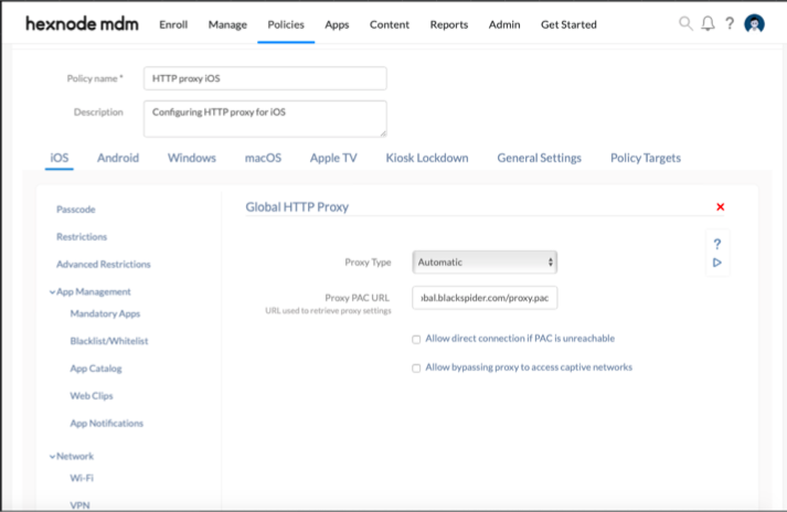 Configure automatic global http proxy settings for iOS devices with MDM