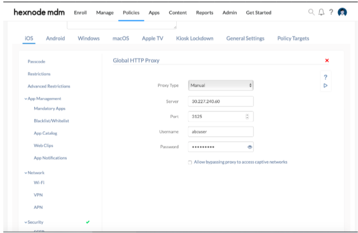 Configure manual global http proxy settings for iOS devices with MDM