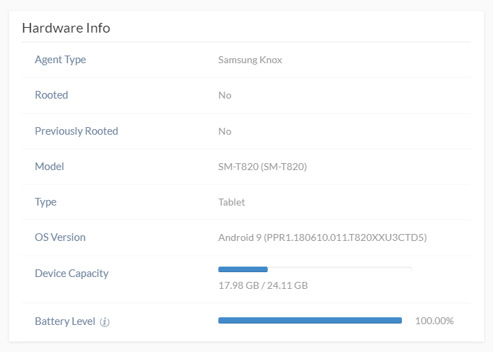 The Agent Type label under Hardware info should show Samsung Knox in order for Knox to be activated with Hexnode