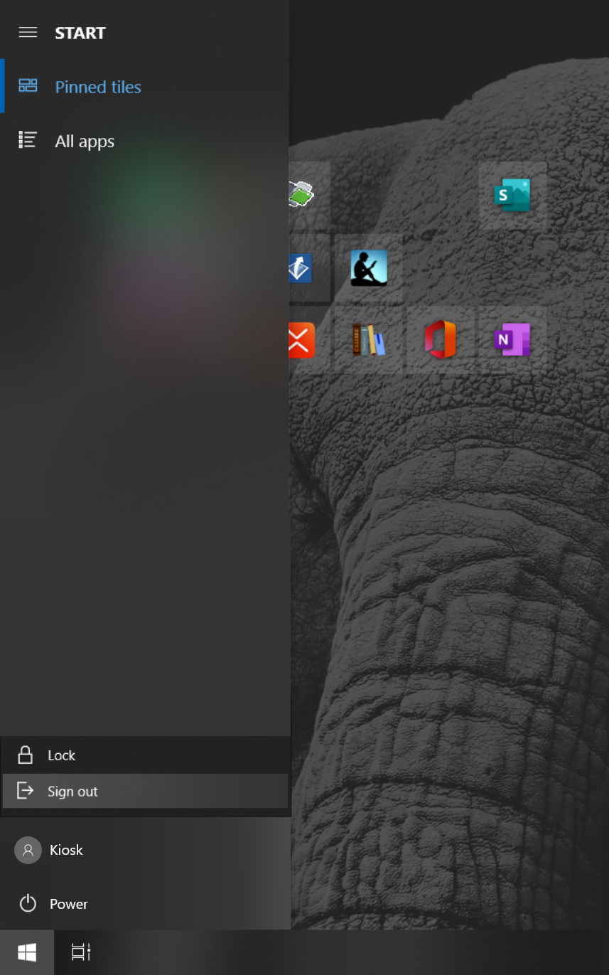 Clicking on start brings up account options, clicking on the account icon brings up Sign-out option