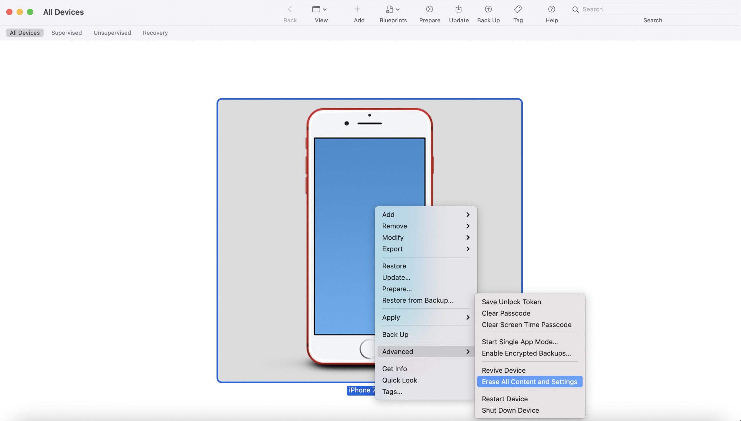 Erase the iOS device by connecting it to Mac and launching Apple Configurator