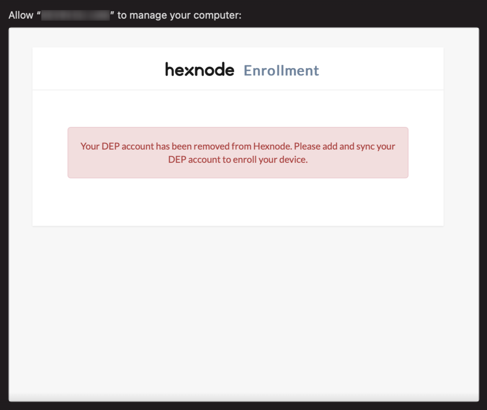 Hexnode message to add and sync DEP account