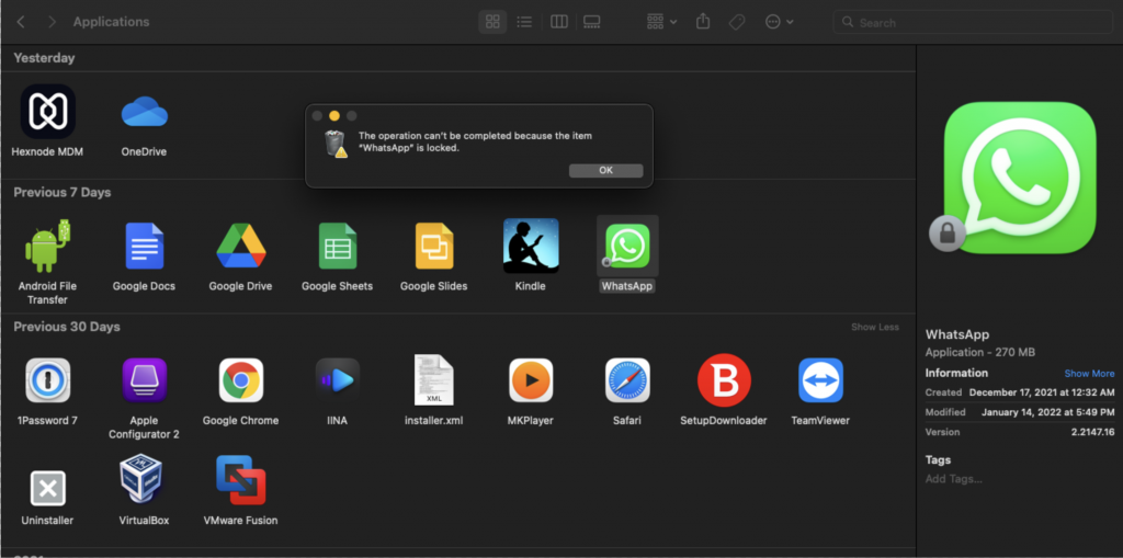 Lock badge appears on app icon in Application tab