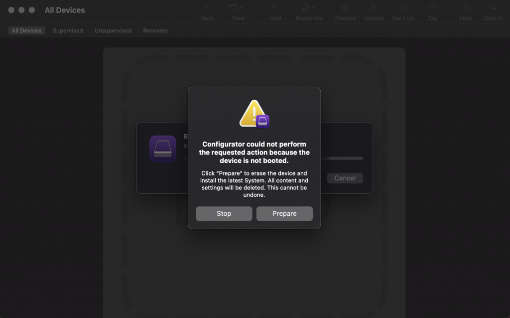 Option to ’Prepare’ device when attempting to ’Restart’ device in DFU mode via Apple Configurator.