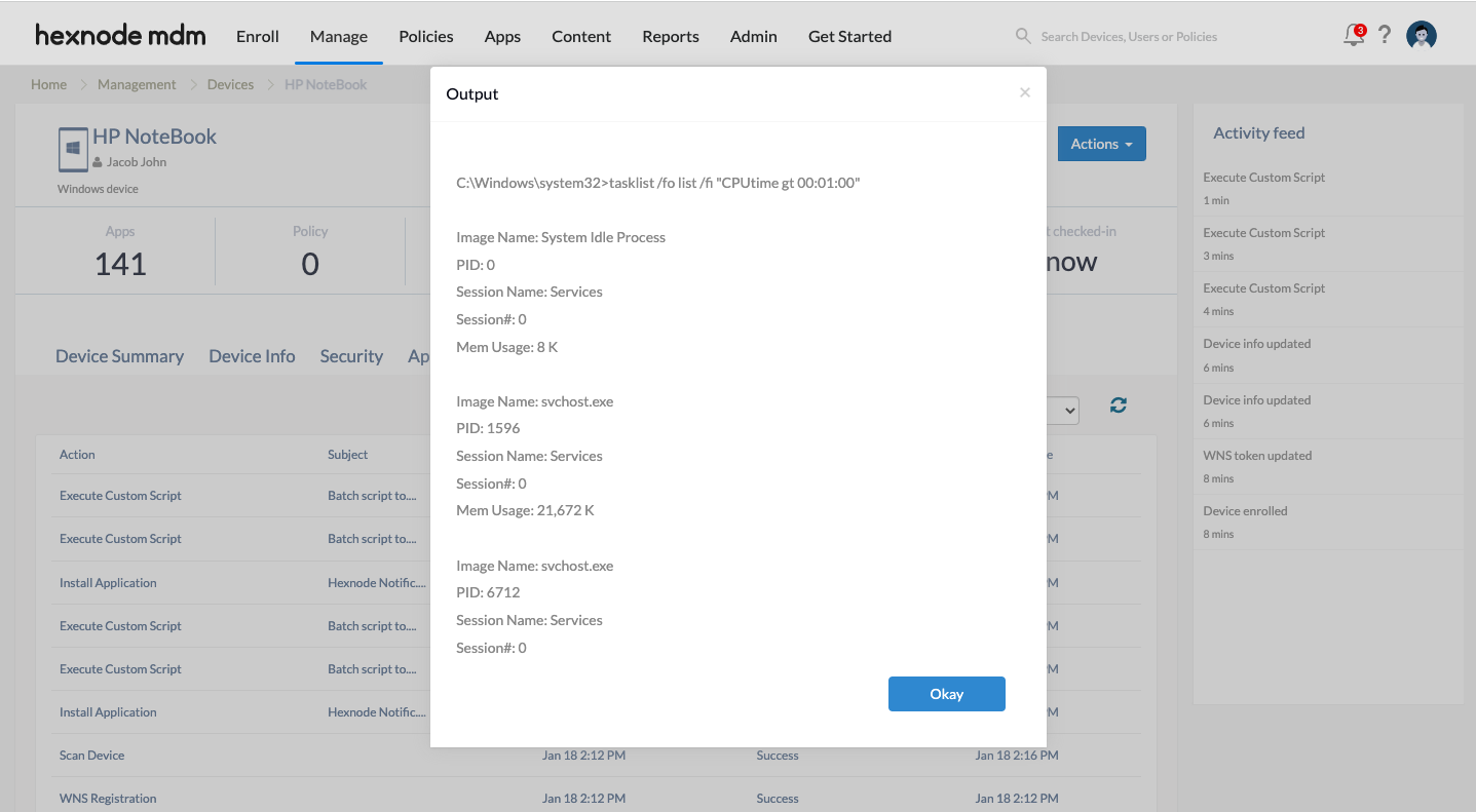 Processes on Windows devices with more than 1 minute of CPU time
