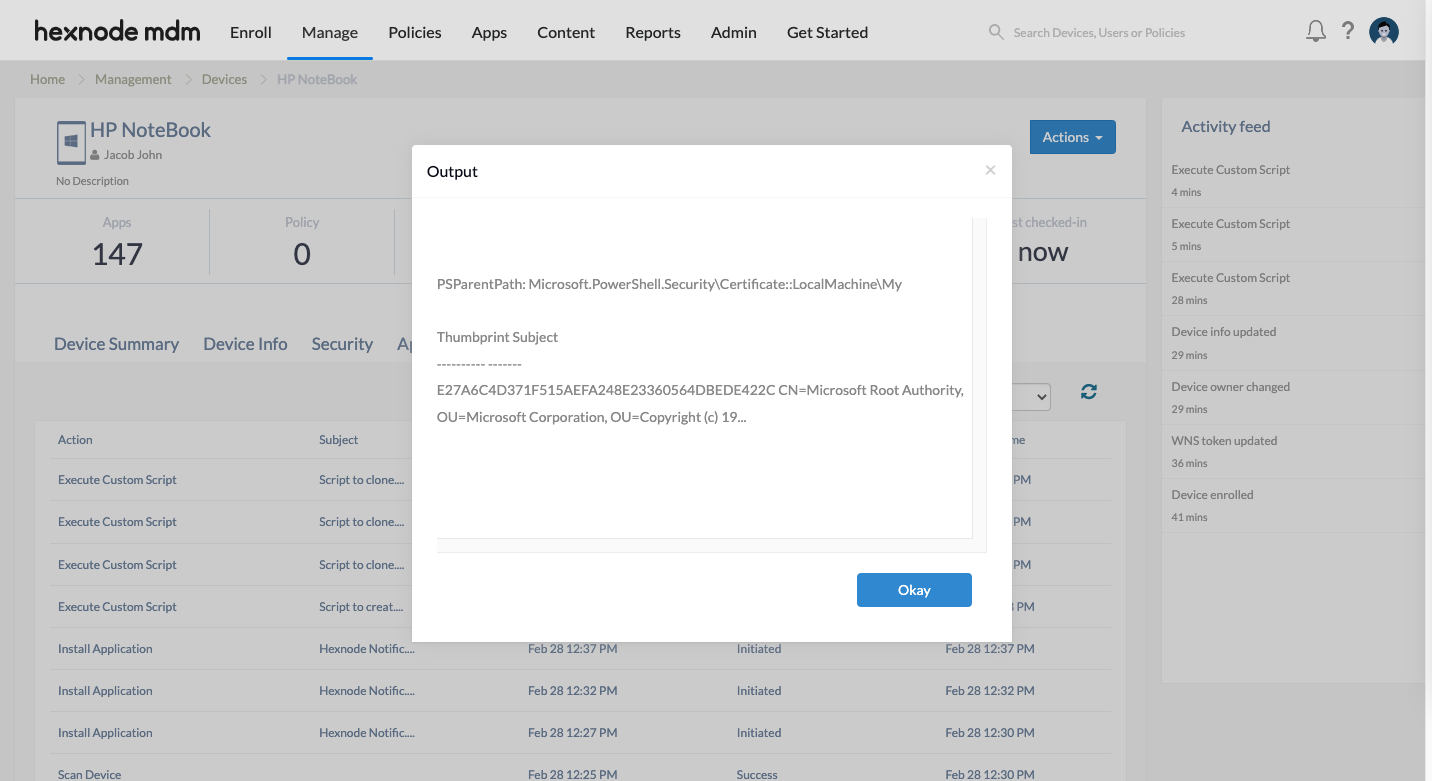 Create a self-signed certificate using an existing certificate The Thumbprint and the Subject of the certificate are displayed